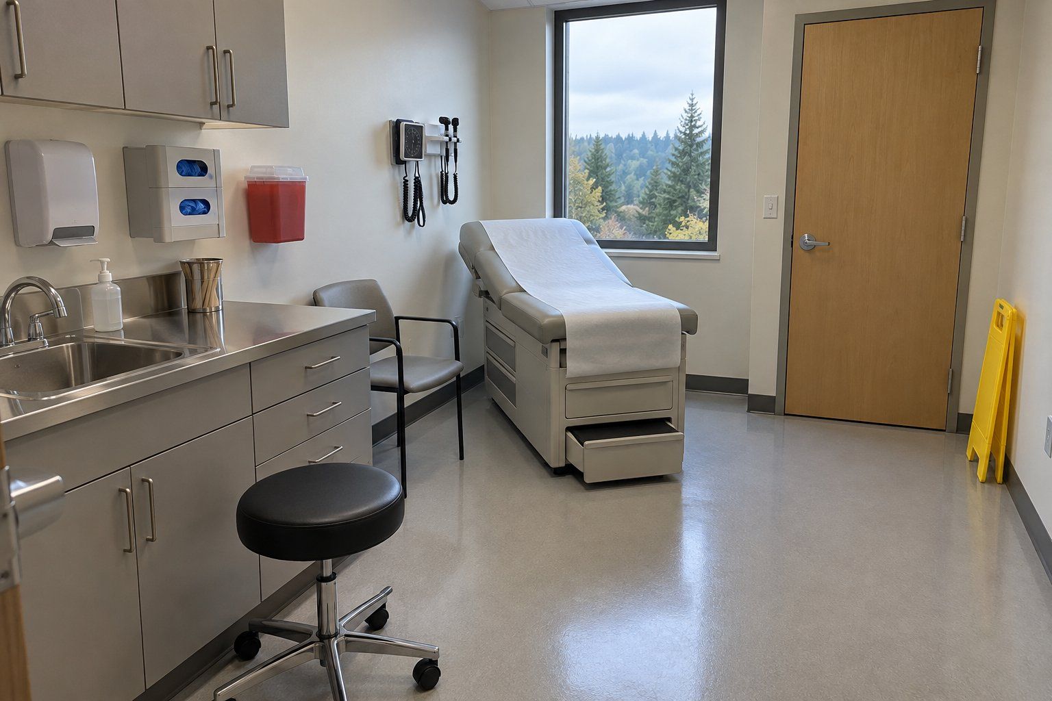 Clean medical exam room with fresh table paper, wiped counters and a glossy vinyl floor